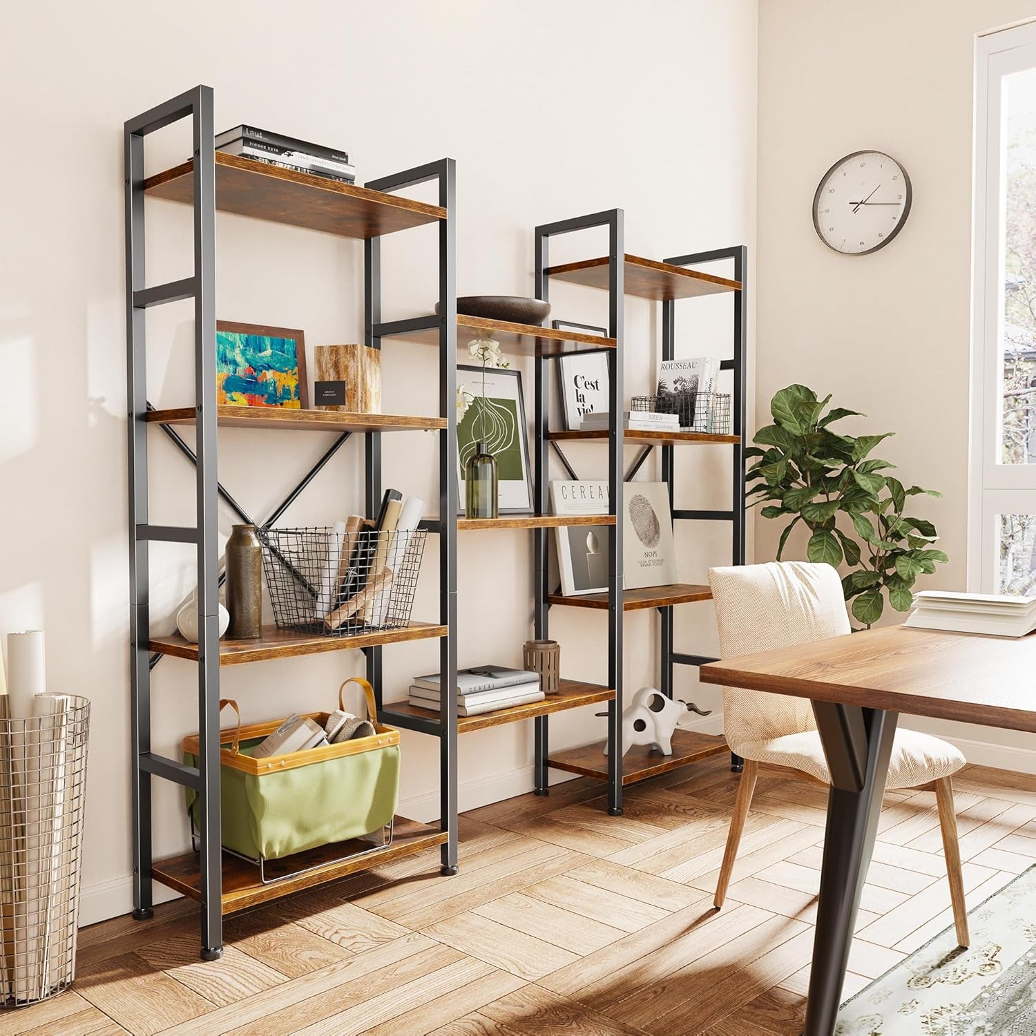 Triple 4-Tier Bookshelf with 11 Open Display Shelves - Wide Bookcase for Home and Office in Rustic Brown Finish