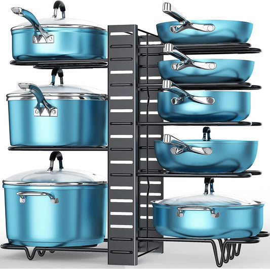 Pots and Pans Organizer for Cabinet 16.61 Height, 8 Tier Pot Organizers Rack with 3 DIY Methods, Adjustable Pan Organizer under Cabinet Kitchen Organization and Storage
