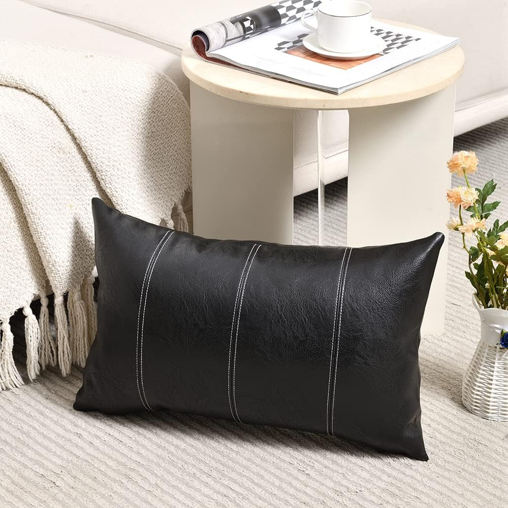 Black Lumbar Faux Leather Decorative Throw Pillow Covers 12X20 Inch for Living Room Couch Bed Sofa, Boho Farmhouse Home Decor, Hand Stitched Rectangle Cushion Case 30X50 Cm