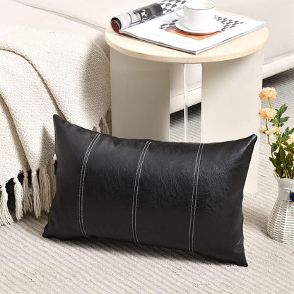 Black Lumbar Faux Leather Decorative Throw Pillow Covers 12X20 Inch for Living Room Couch Bed Sofa, Boho Farmhouse Home Decor, Hand Stitched Rectangle Cushion Case 30X50 Cm