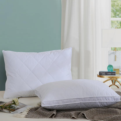 Set of 2 White Goose Feather Polyester Bed Pillows - Queen/Standard Size, Soft 600 Thread Count 100% Cotton, Medium Firm with Soft Support Surround Fill, White Solid