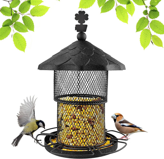 Metal Bird Feeder Tube Hanging Wild Bird Seed Feeder Squirrel Proof Birds Feeder for outside Decoration, Large Capacity Feeder for Outdoor Garden，Black
