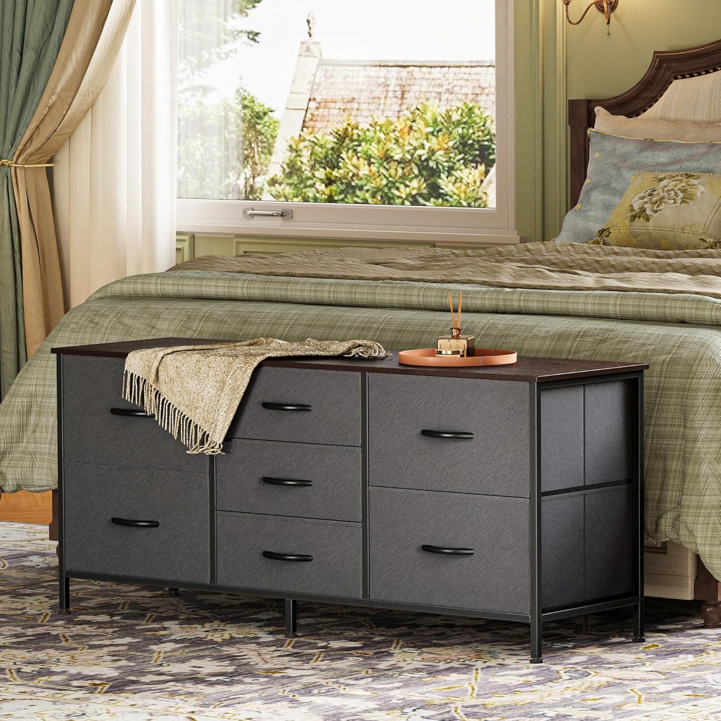 7-Drawer Fabric Dresser and TV Stand, 47-Inch Wide Chest for 43-55 Inch TVs, Metal Frame, Dark Grey, Ideal for Bedroom and Clothing Storage