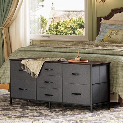 7-Drawer Fabric Dresser and TV Stand, 47-Inch Wide Chest for 43-55 Inch TVs, Metal Frame, Dark Grey, Ideal for Bedroom and Clothing Storage