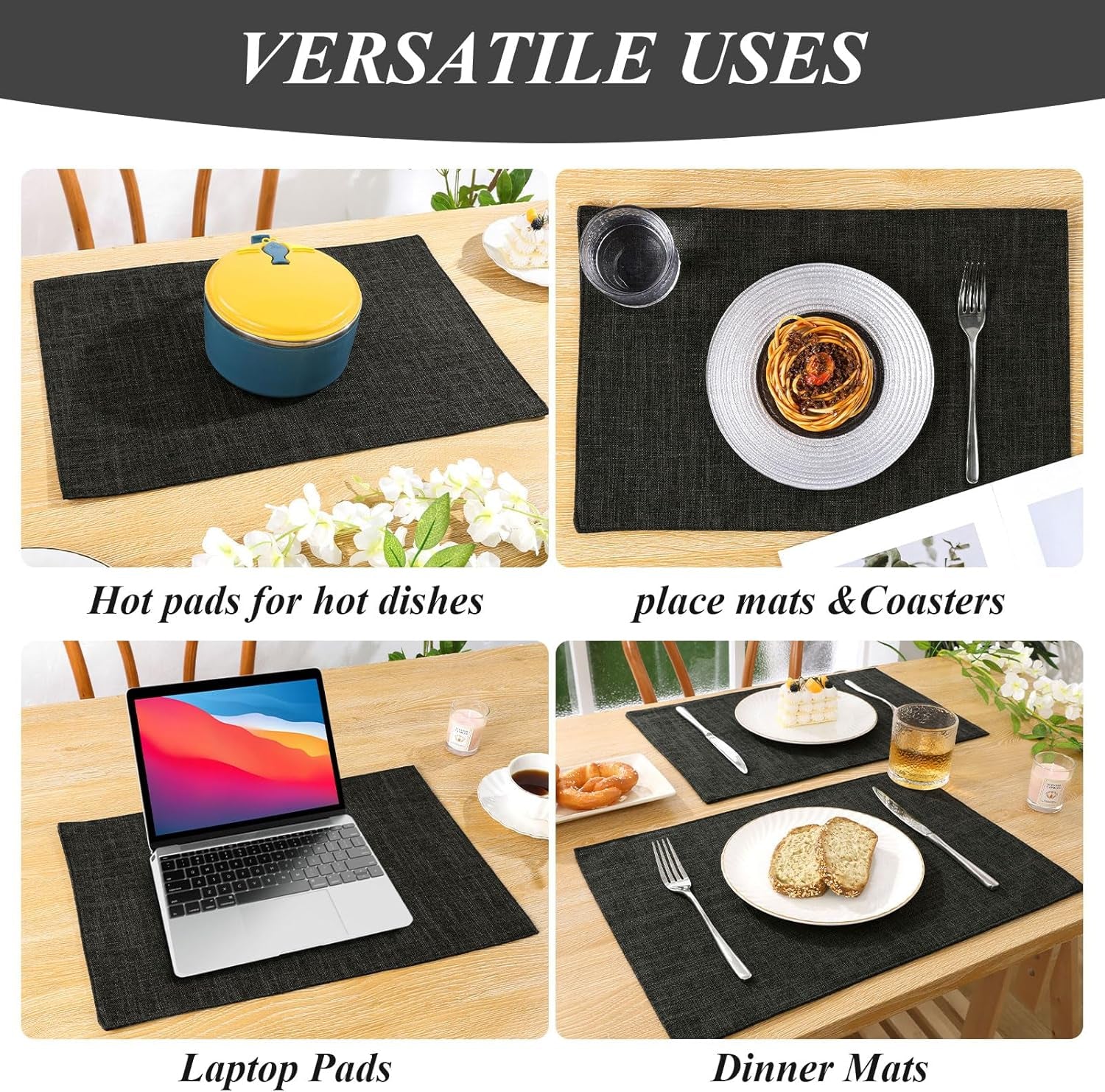 Washable Cloth Placemats Set of 4 Cotton Linen Double Layer Thickened Machine Washable Table Mats Non Slip Heat Resistant Fabric Place Mats for Dining Table, Black