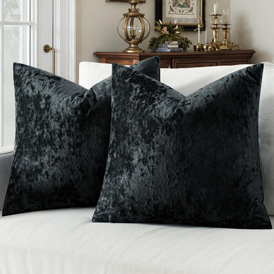 Velvet Throw Pillow Covers Set of 2, Soft Neutral Decorative Pillow Cases with Luxurious Textured Vintage Cushion Covers for Home Decor Couch Sofa Bed,Black 18X18 Inch