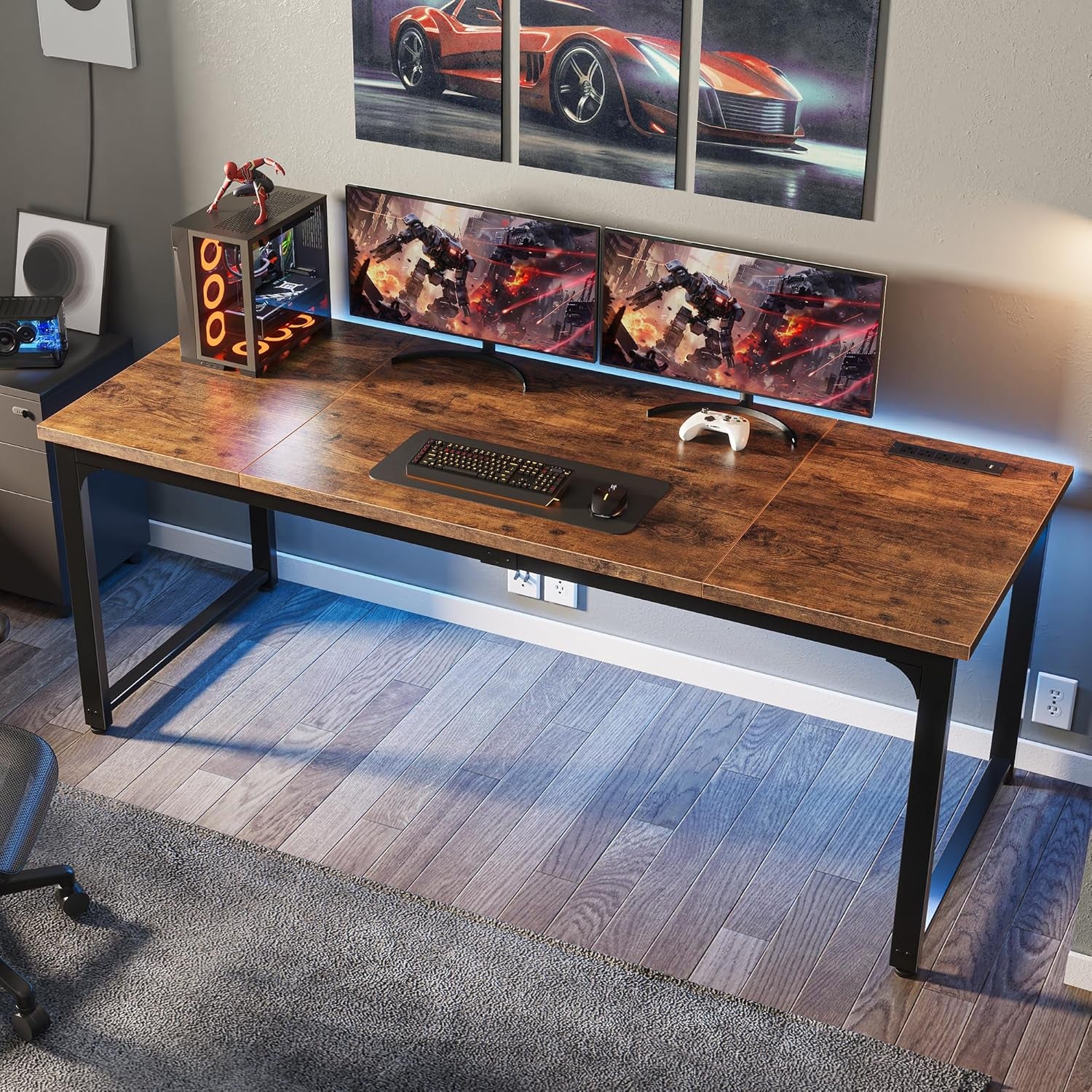 63 x 24 Inch Heavy-Duty Computer Desk with Power Outlets & USB-C, Enhanced Desktop Thickness, Sturdy Metal Frame, Ideal for Home Office and Gaming, Rustic Brown Finish