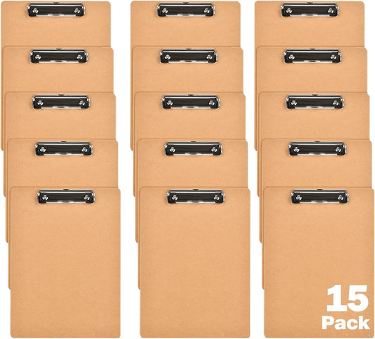 15 Pack Mini Clipboards, 6 X 9 Inches A5 Small Clipboards, Wood Hardboard Memo Size Low Profile Clip with Hang Tab for Home, Office, School Classroom Supplies, Brown