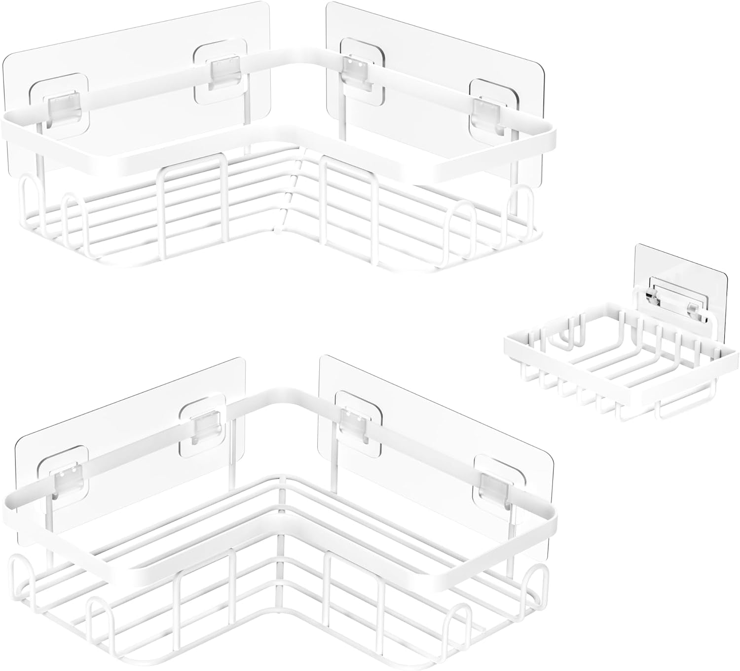 Corner Adhesive Shower Caddy, with Soap Holder and 12 Hooks, Rustproof Stainless Steel Bathroom Organizer, No Drilling Wall Mounted Rack, Black, 3-Pack(White)