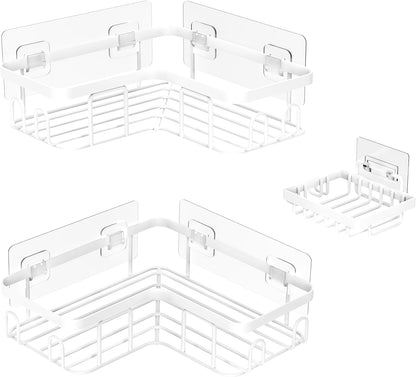 Corner Adhesive Shower Caddy, with Soap Holder and 12 Hooks, Rustproof Stainless Steel Bathroom Organizer, No Drilling Wall Mounted Rack, Black, 3-Pack(White)