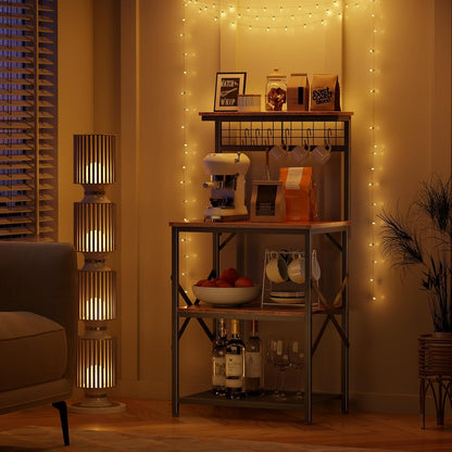 Kitchen Bakers Rack with Hutch, Coffee Bar Station 4 Tiers, Microwave Oven Stand with 6 S Hooks and Pegboard, Kitchen Microwave Rack for Spice Organizer Workstation, Rustic Brown