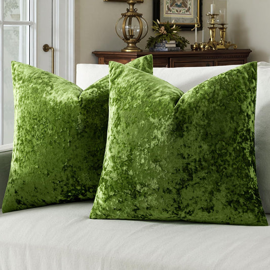 Velvet Throw Pillow Covers Set of 2, Soft Neutral Decorative Pillow Cases with Luxurious Textured Vintage Cushion Covers for Home Decor Couch Sofa Bed,Olive Green 18X18 Inch