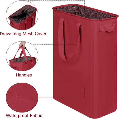 Slim Laundry Basket, Narrow Laundry Hamper with Handles, Collapsible Dirty Clothes Hamper, Tall Laundry Bin for Laundry Room, Dorm and Bedroom, 48L (12.7 Gallon) Burgundy Red