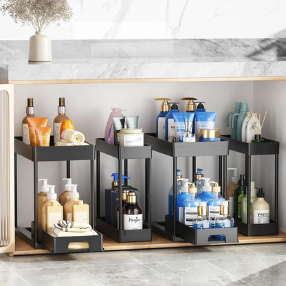 4 Pack under Sink Organizers and Storage, 2 Tier Black Bathroom Cabinet Organizer, Multi-Use Kitchen Bathroom Organizers and Storage
