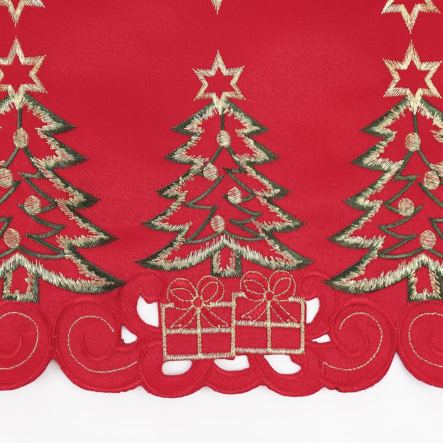 Red Christmas Table Runner 13X36 Inches Long, Embroidered Cutwork Christmas Table Runner with Green Christmas Tree and Gifts, Xmas Tree Dresser Scarf Winter Holiday Parties Kitchen Dinner