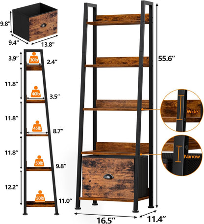5-Tier Ladder Shelf, Ladder Bookshelf with Removable Drawer, Rustic Bookcase Storage Rack Organizer, Wood Metal Freestanding Storage Shelf for Living Room, Home Office, Bedroom, Balcony