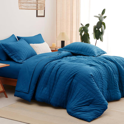 Full Seersucker Comforter Set with Teal Bed in a Bag 7-Pieces All Season Bedding Sets with Comforter, Pillow Sham, Flat Sheet, Fitted Sheet, Pillowcase
