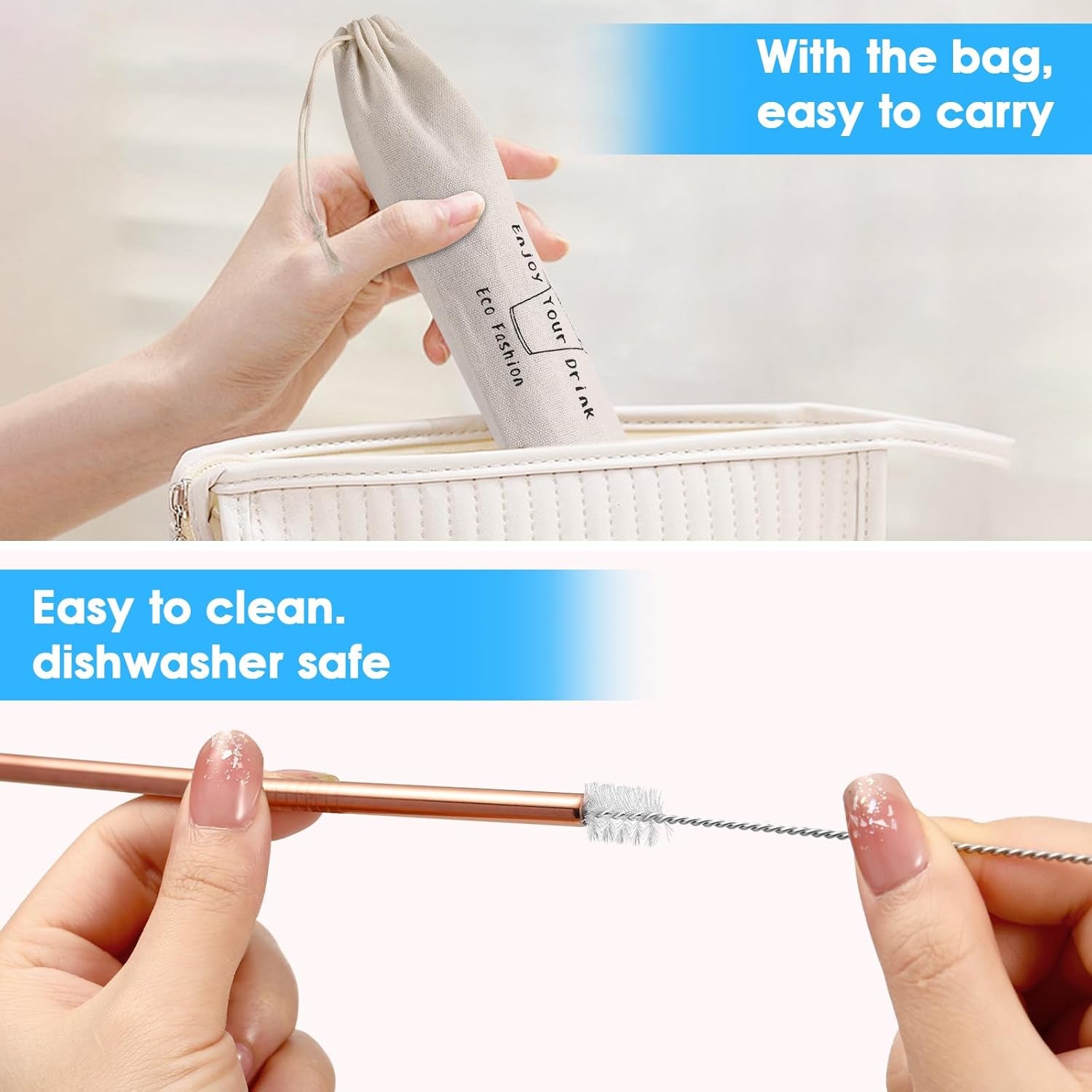 20 Pcs Rose Gold Reusable Stainless Steel Straws,10.5" & 8.5" Reusable Drinking Straws with 20 Silicone Tips 5 Straw Brushes 1 Travel Case,Eco Friendly Extra Long Metal Straw for 20 24 30 Oz Tumbler