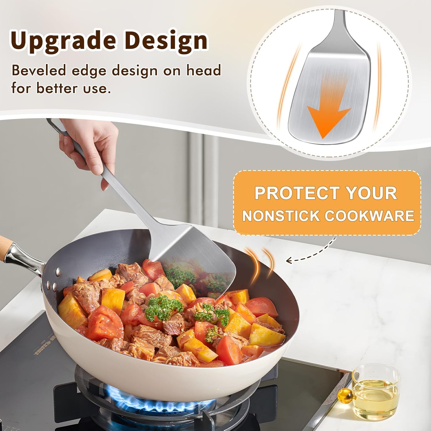 2 Pcs Stainless Steel Spatulas Set, Metal Spatula Solid & Slotted Turner, Heavy Duty Sturdy Spatula for Kitchen Use, High Heat Resistant Cooking Utensils for Fish Eggs Pancakes, Easy to Clean, Silver