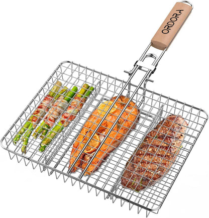Grill Basket, Fish Grill Basket, Rustproof Stainless Steel BBQ Grilling Basket for Meat,Steak Etc, Grill Accessories,Grilling Gifts for Men Dad