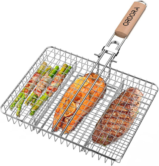 Grill Basket, Fish Grill Basket, Rustproof Stainless Steel BBQ Grilling Basket for Meat,Steak Etc, Grill Accessories,Grilling Gifts for Men Dad