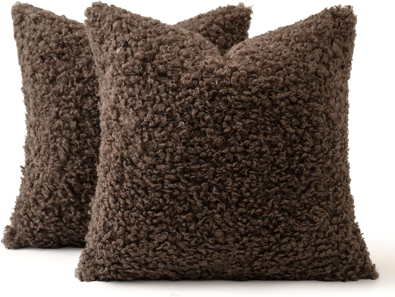 Pack of 2 Faux Fur Chocolate Throw Pillow Covers 18X18 Inch Boucle Decorative Sherpa Pillow Covers Fuzzy Accent Soft Sheepskin Fleece for Boho Home Decor Sofa Living Room Couch Bed