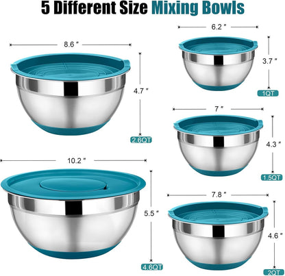 Mixing Bowl with Lid Set, 5 Piece Stainless Steel Mixing Nesting Bowls for Salad Storage, 3 Grater Attachments & Non-Slip Bottoms, Size 1/1.5/2 / 2.6/4.6 QT, Blue