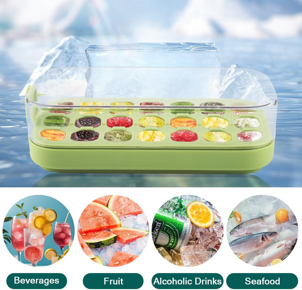Ice Cube Tray with Lid and Bin for Freezer - 21 Pcs Silicone Ice Cube Mold, No Touch Easy Release - BPA Free, Reusable, Stackable, Suitable for Cocktails Whiskey Coffee and More (Green-21 Pcs)