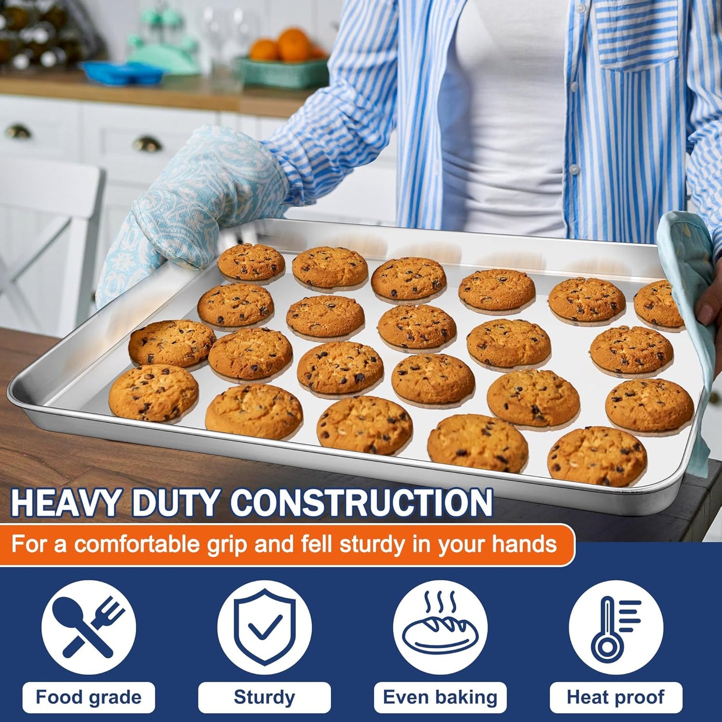 Baking Cookie Sheet Set of 2, 19.6 Inch Stainless Steel Cookie Sheet Pan, Large Baking Pan Bakeware, Heavy Duty & Healthy, Oven & Dishwasher Safe