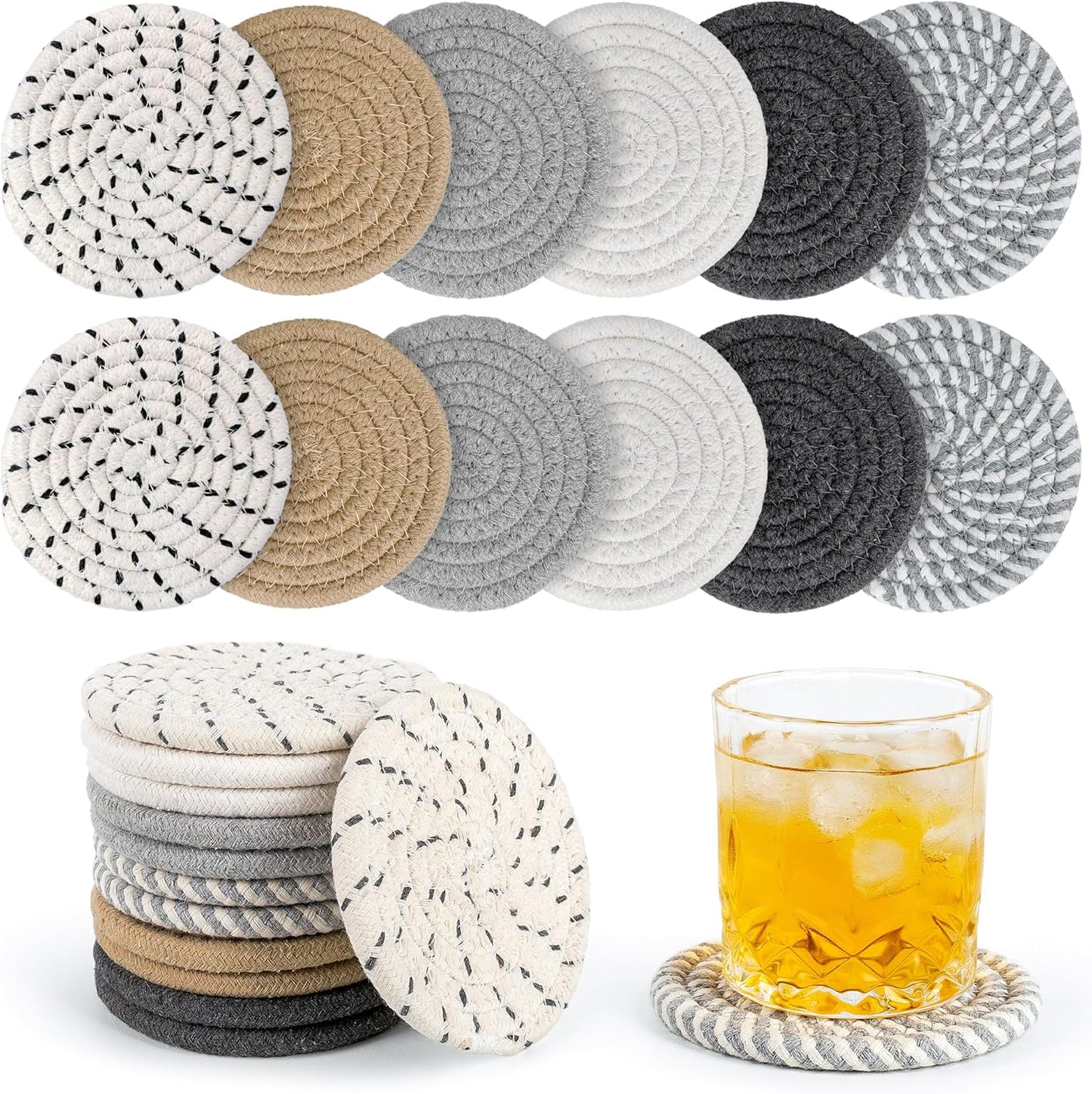 12 Pcs Boho Drink Coasters,Minimalist Cotton Handmade Woven Absorbent Drink Coasters,Heat Resistant Cotton Coasters for Coffee Table, Kitchen, Home Decoration