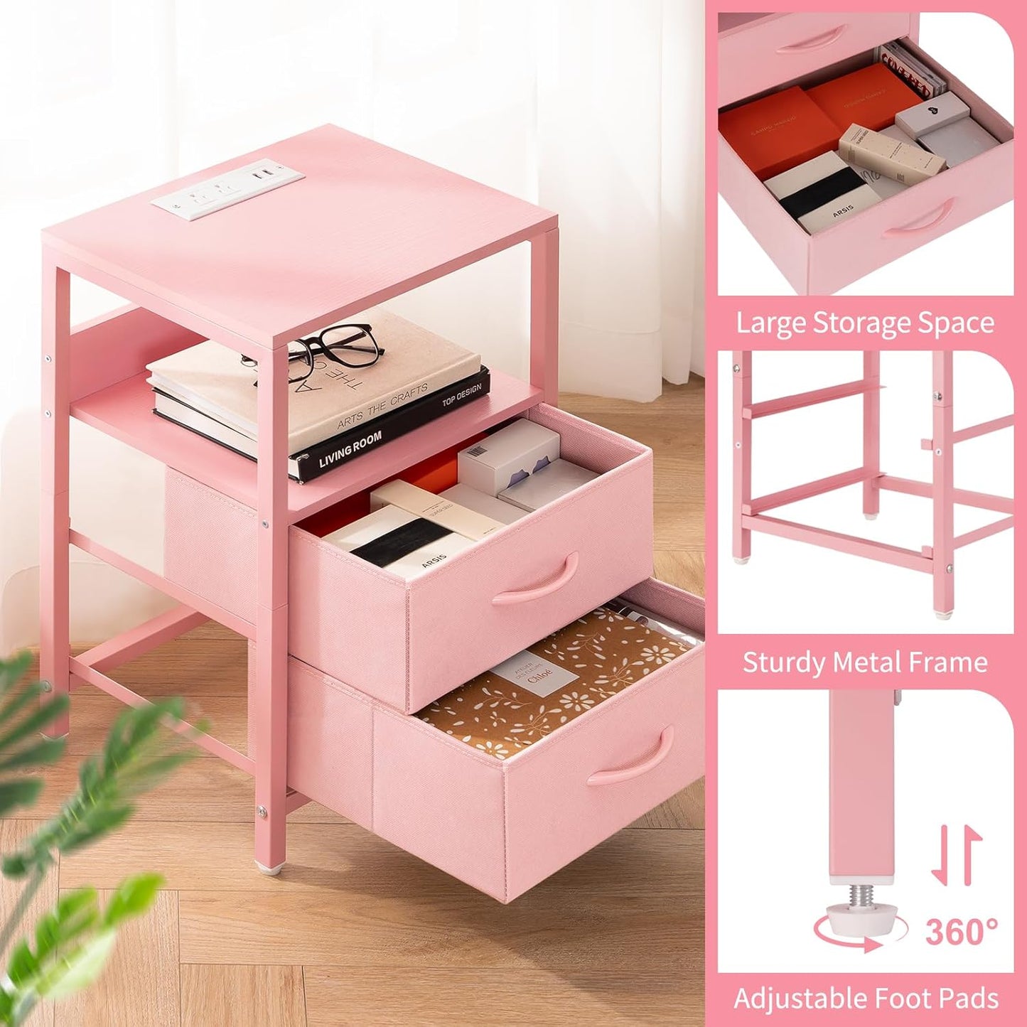 Nightstand with Charging Station, Small Night Stand with Fabric Drawers and Storage Shelf for Bedrooms, Nightstands for Small Spaces, Bedside Table with USB Ports & Outlets Bed Side Table