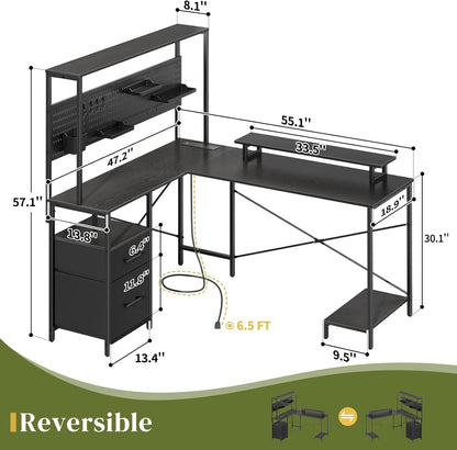 L Shaped Desk with Pegboard, Reversible Computer Desk with Drawers & Storage Shelves, Gaming Desk with LED Lights & Power Outlets, Office Desk with Monitor Stand Corner Desk Home Office Desks