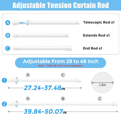 Tension Curtain Rod Spring Tension Rods for Windows 28 to 48 Inch, No Drilling, 7/8" Diameter, White Adjustable Curtain Rod, Small Shower Curtain Rod for Bathroom, Doorway, Closet, Kitchen