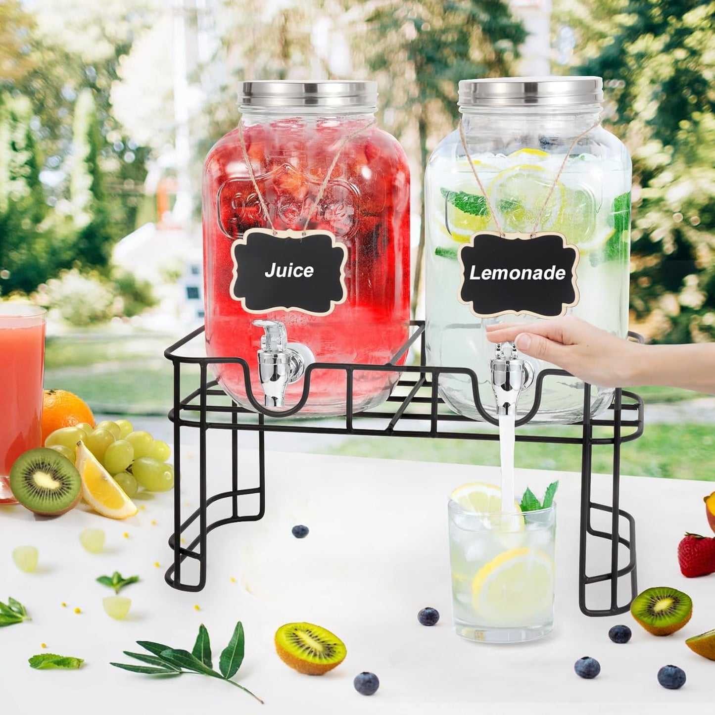 1 Gallon Glass Drink Dispensers for Parties-Set of 2,Drink Dispenser with Fruit Infuser & Stand,Juice or Beverage Dispenser for BBQ, Picnic, Party,Laundry Detergent Dispenser