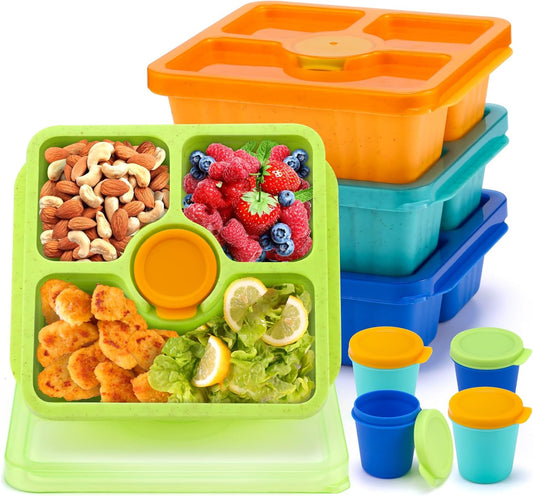 Bento Snack Boxes for Adults & Kids, Lunchable Meal Prep Containers - 4 Pack Divided Food Storage with Lids, Stackable Lunch Boxes with Sauce Cups, Jewel