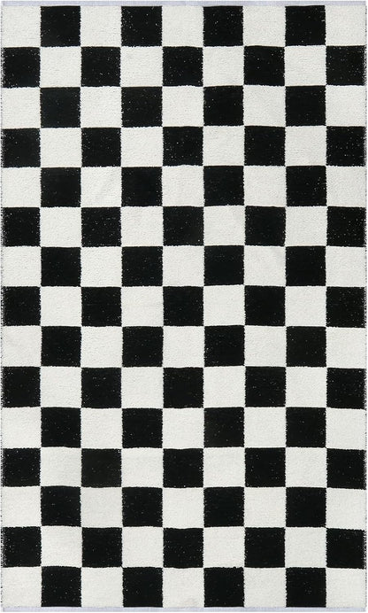 3X5 Small Checkered Race Car Rug for Bedroom, Cotton Woven Black and White Checker Area Rug for Classroom Nursery Dorm, Soft Low Pile Checkerboard Carpet for Playroom Bathroom Kids Room
