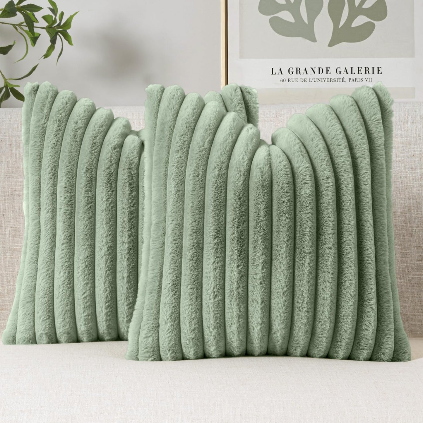 Faux Fur Decorative Throw Pillow Covers, 18x18 Inch Set of 2, Modern Plush Couch Pillows in Sage Green for Spring Home Decor
