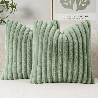 Faux Fur Decorative Throw Pillow Covers, 18x18 Inch Set of 2, Modern Plush Couch Pillows in Sage Green for Spring Home Decor