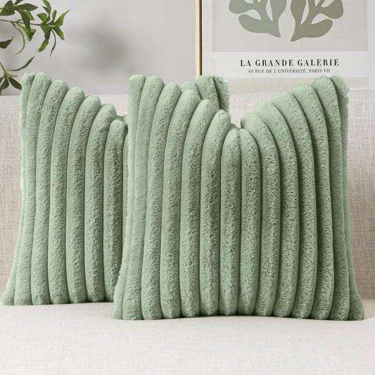 Faux Fur Decorative Throw Pillow Covers, 18x18 Inch Set of 2, Modern Plush Couch Pillows in Sage Green for Spring Home Decor