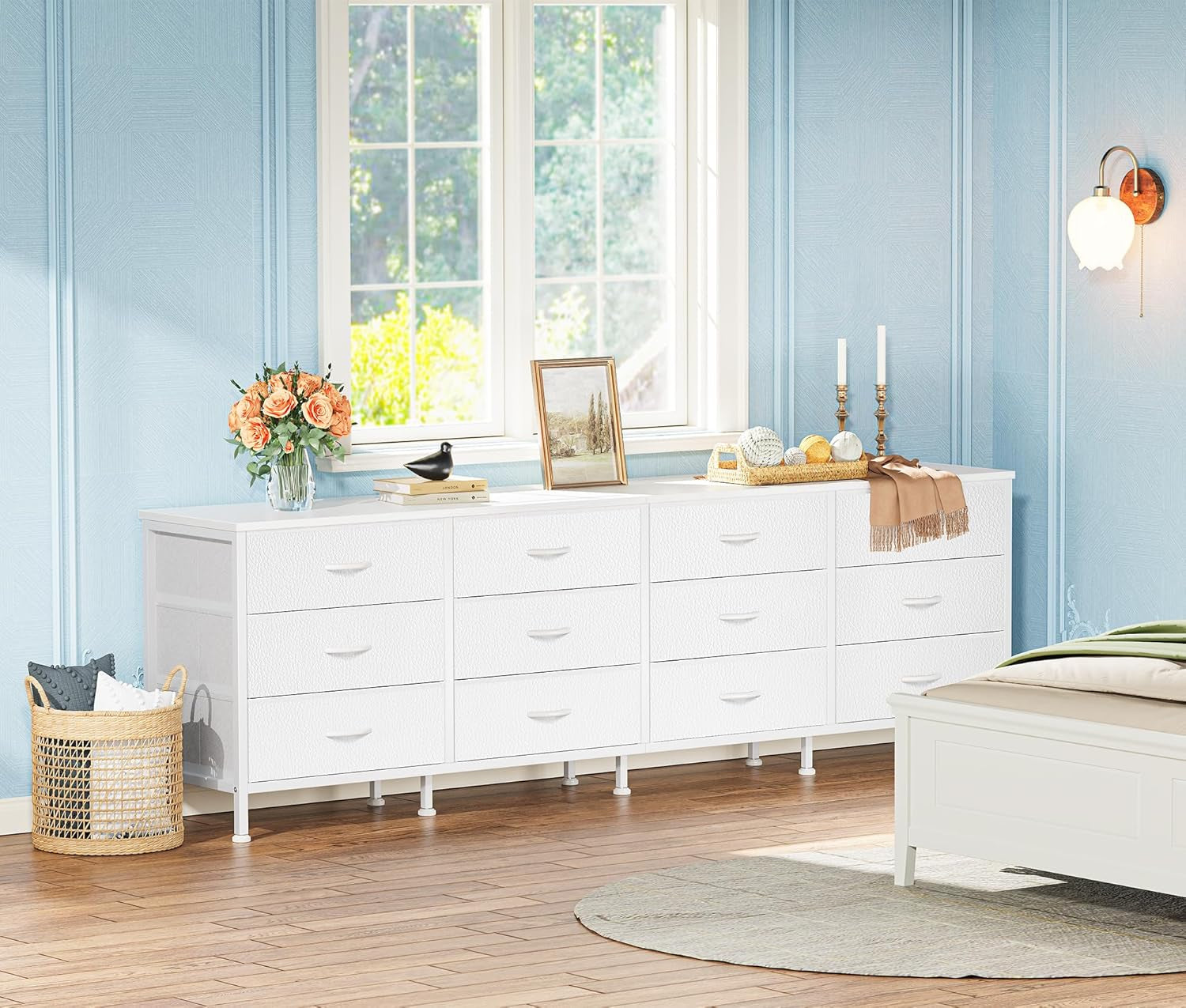 70-Inch Bedroom Dresser and TV Stand for 65-80 Inch TVs, Featuring 12 Fabric Drawers and Ample Storage, Ideal for Living Room, White Finish