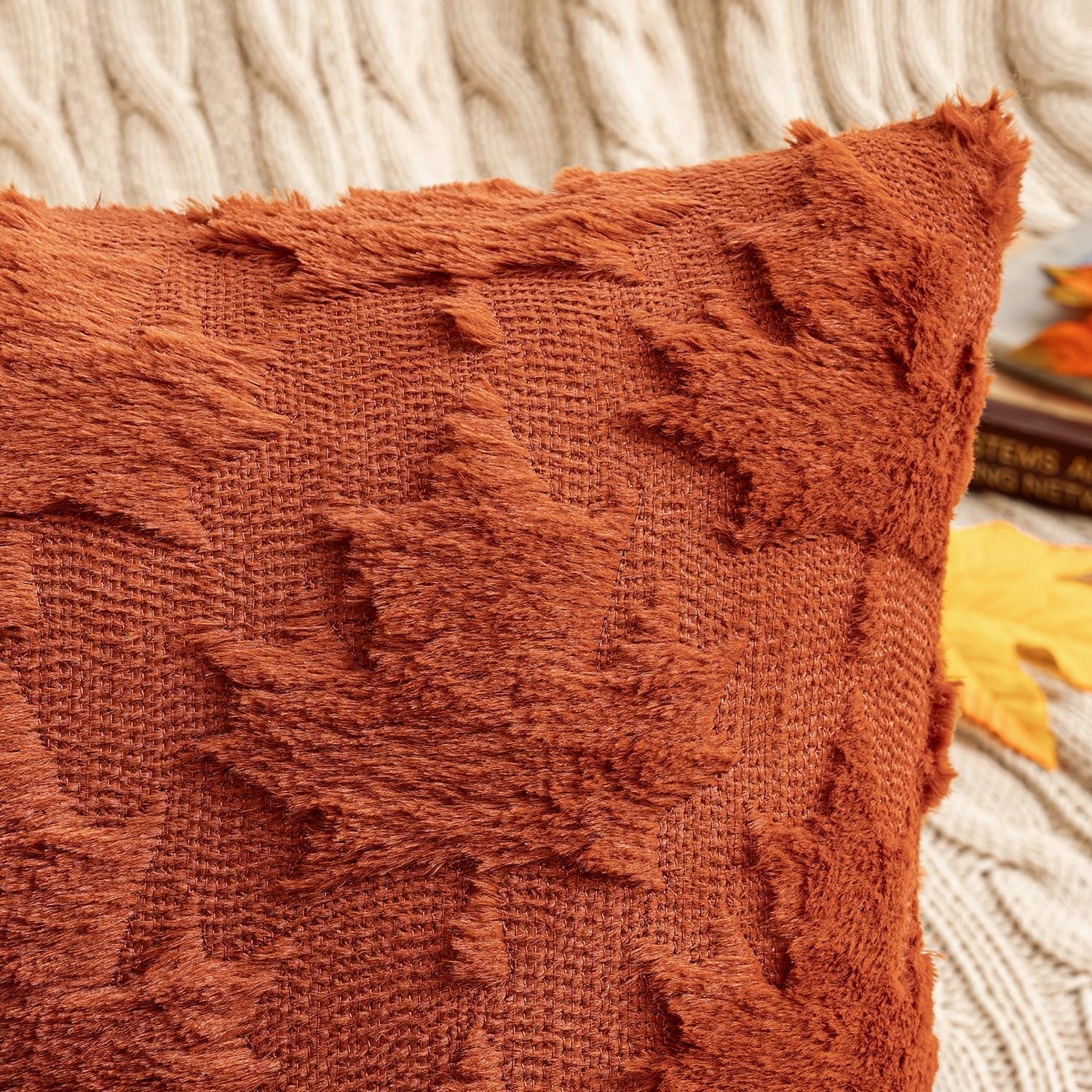 Fall Autumn Throw Pillow Covers 18X18 Burnt Orange Set of 2 Thanksgiving Decorative Solid Maple Leaf Accent Pillow Cases Soft Plush Faux Wool for Home Decor Holiday Outdoor Porch Bedroom