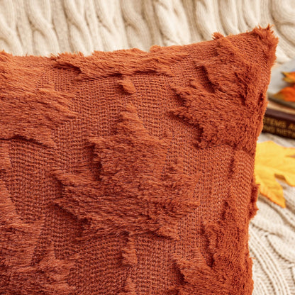 Fall Autumn Throw Pillow Covers 18X18 Burnt Orange Set of 2 Thanksgiving Decorative Solid Maple Leaf Accent Pillow Cases Soft Plush Faux Wool for Home Decor Holiday Outdoor Porch Bedroom