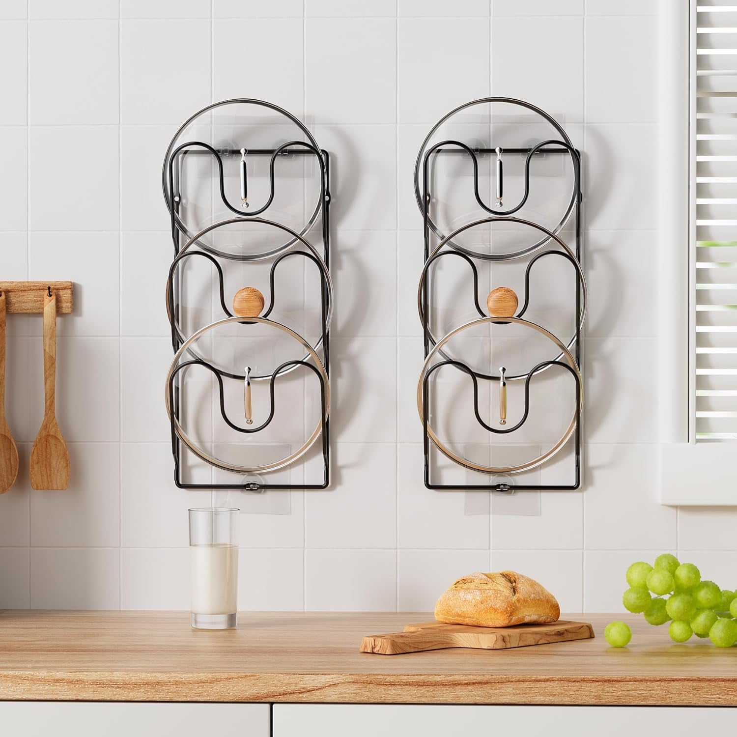 2 Pack Pot Lid Organizer Rack for Cabinet Door/Wall, 6-Tier Pot Lid Holders inside Cabinet Door, No Drilling Adhesive Wall/Door Mounted Rustproof Pots and Pans Lid Organizers for Kitchen Storage Black