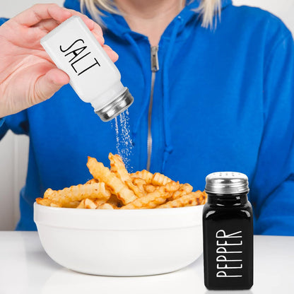 2 Pack Salt and Pepper Shakers Set, Glass Shaker with Stainless Steel Lid, Modern and Cute Farmhouse (Black and White)