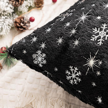 Set of 2 Christmas Decorative Throw Pillow Covers Soft Faux Fur Winter Pillow Covers with Silver Snowflake Glitter Holiday Festival Pillowcases for Couch Sofa Bed, 18×18Inch, Black