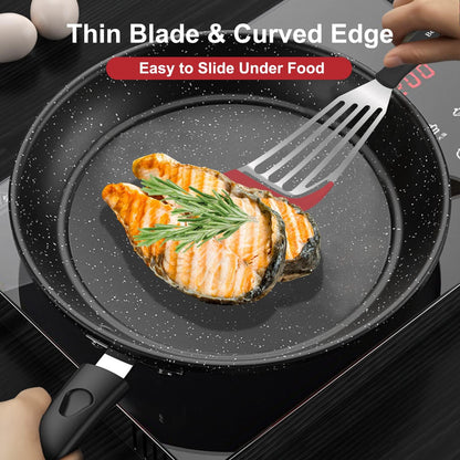 Fish Spatula Turner Set of 2, Heat Resistant Silicone Edge Slotted Fish Spatulas for Nonstick Cookware, Flexible and Thin Stainless Steel Kitchen Cooking Spatula Flipper for Fish, Egg, Pancake