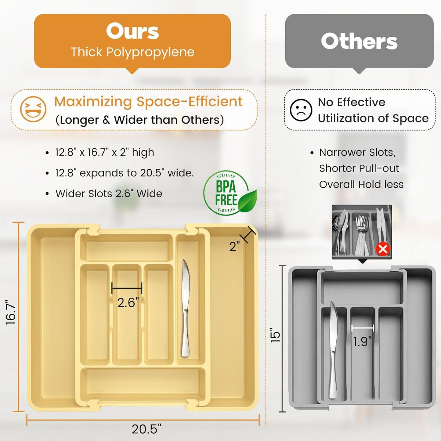 Expandable Large Silverware Organizer for Kitchen Drawers - BPA-Free Thick Plastic with Wider Compartments and Non-Skid Feet (Desert Sand)