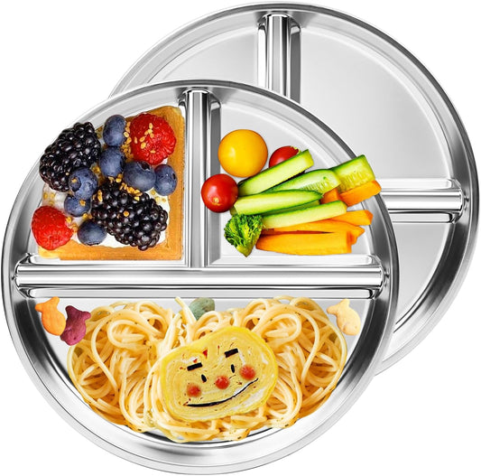 Stainless Steel Kids Plates 2 Packs, 9" Portion Control Plate Divided Plates for Adults Bariatric Weight Loss & Diabetic Diet, [Non Toxic Unbreakable] Toddlers Lunch Dishes, Camping Food Tray