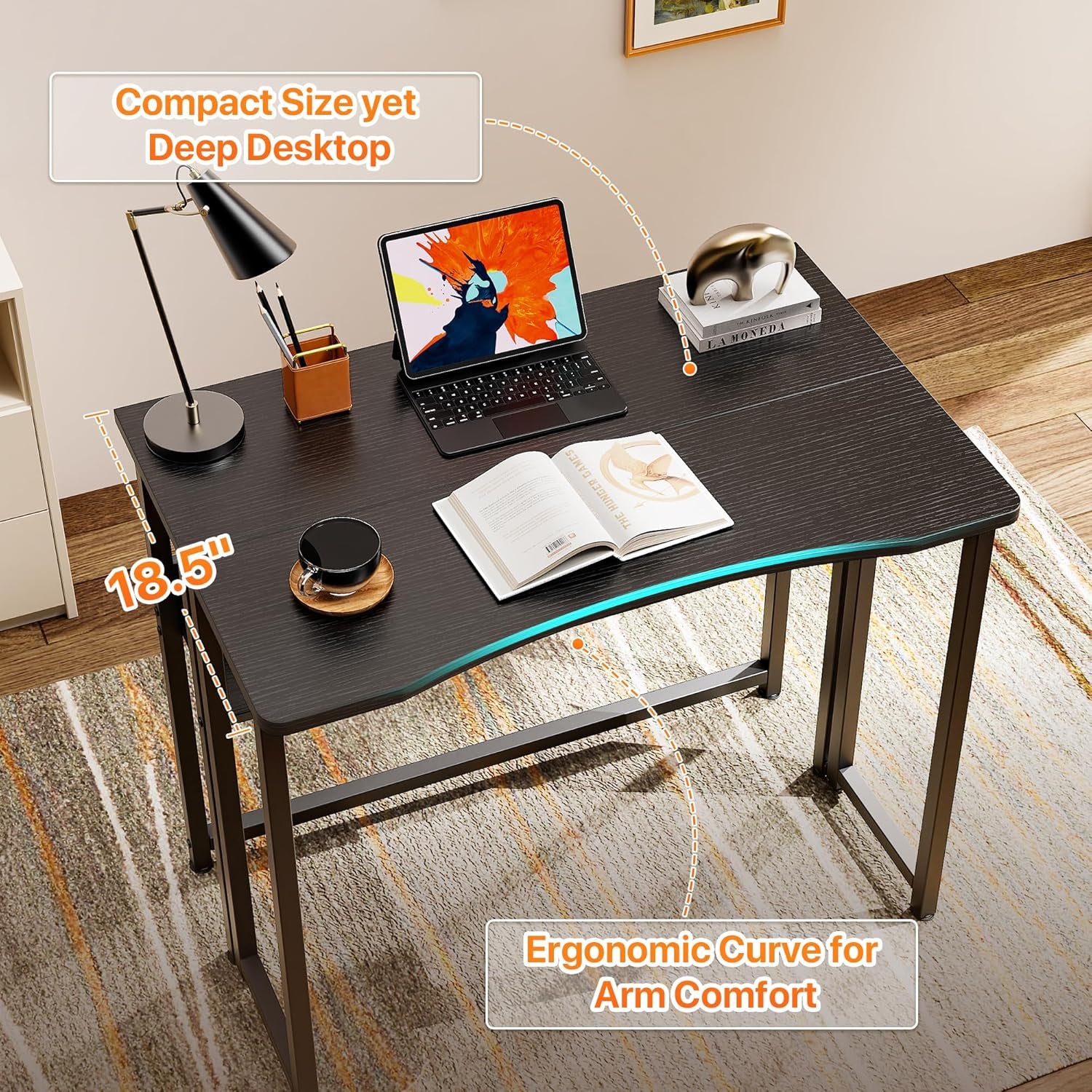 Folding Desk with Storage Shelf - 31.5 Inch Compact Computer Table for Small Spaces, Space-Saving Sofa Table, Ideal for Writing and Office Use, Easy to Fold, Black