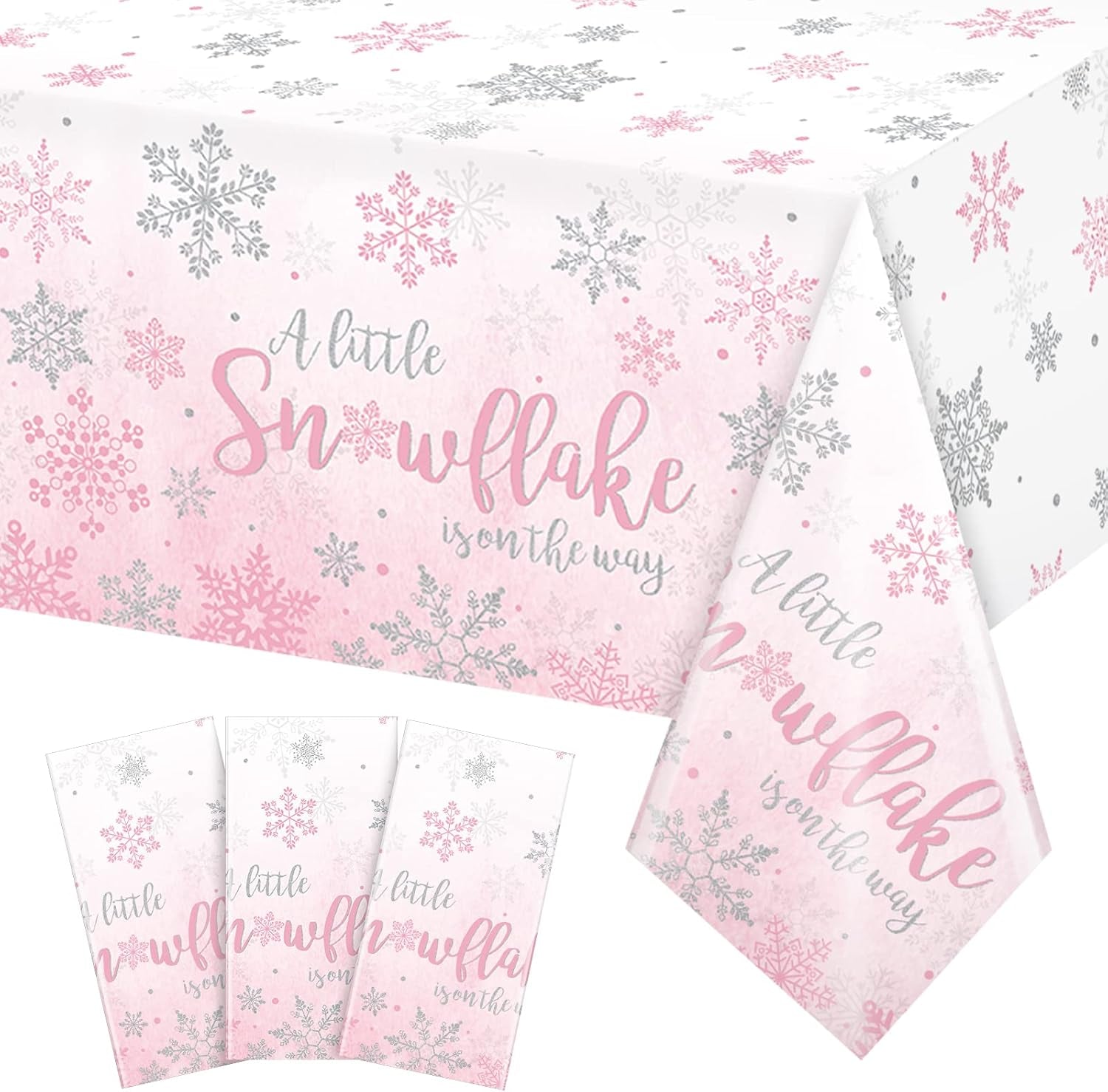 3Pcs Winter Snowflake Tablecloth, Little Snowflake Is on the Way Baby Shower Plastic Pink Tablecloth, Winter Wonderland Baby Shower Decorations for Onederland Princess Gender Reveal, 54X108Inch